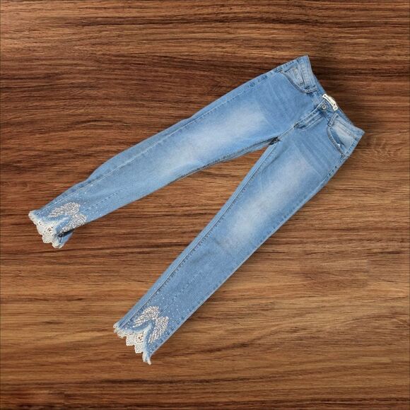 Denim Life Skinny Sparkle Angel Wings Eyelet Bottom Jeans - Picture 1 of 8